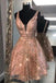 Sparkling Deep V Neck Backless Homecoming Dress, A Line Sleeveless Short Prom Gown UQ2114