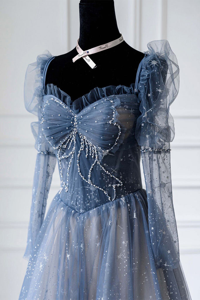 Blue Sparkly Tulle Prom Dress with Long Sleeves, New Style Long Dress with Beading UQP0208