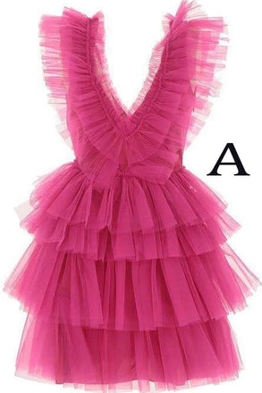 A Line Pink V Neck Tiered Homecoming Dress, Tulle Short Prom Party Dress UQH0096