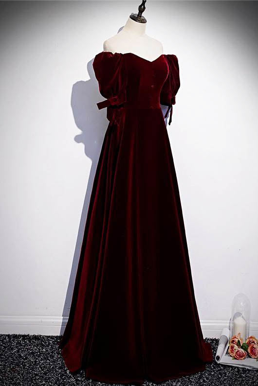 Modest Burgundy Long Prom Dresses with Short Sleeves Vintage Evening Gown UQP0075
