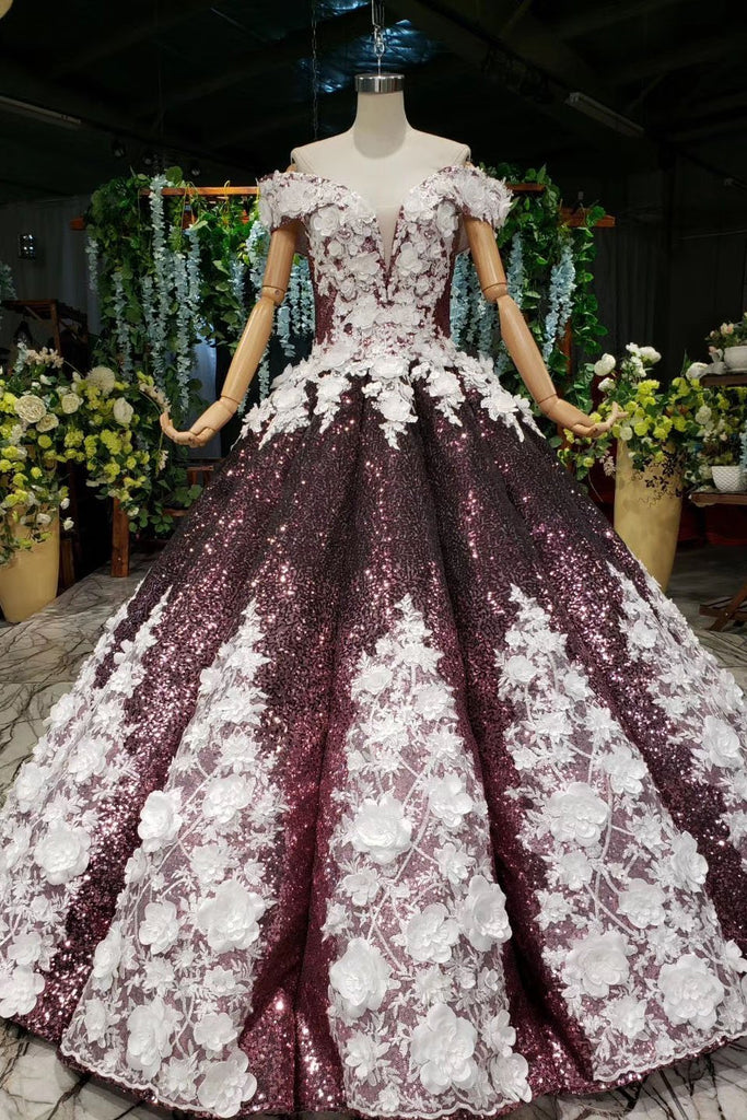 Sparkly Off the Shoulder Long Prom Dress with Flowers, Ball Gown Quinceanera Dresses N2494