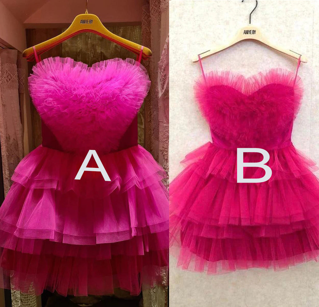 A Line Strapless Tiered Homecoming Dress with A Heart Shape, Hot Pink Short Dress UQH0101