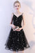 Black Spaghetti Straps V Neck Tulle Graduation Dress with Stars, Glitter Homecoming Dress UQ2147