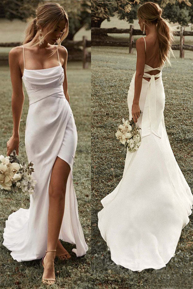 Simple Spaghetti Straps Beach Wedding Dress with Slit, Bridal Dress UQW0062