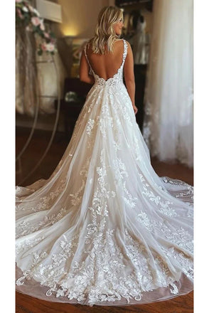 Elegant A Line Sheer Neck Lace Appliques Wedding Dresses With Pockets UQW0086