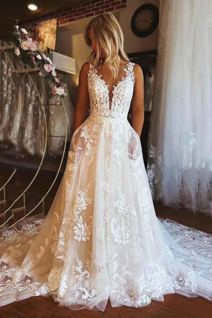 Elegant A Line Sheer Neck Lace Appliques Wedding Dresses With Pockets UQW0086