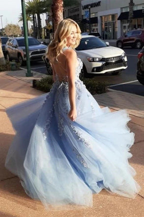 Elegant Light Blue Lace Appliques Long Prom Dresses, A Line Formal Evening Dresses UQP0171