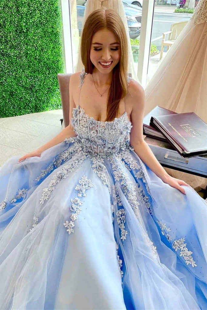 Elegant Backless Light Blue Lace Floral Long Prom Dresses, 3D Flowers Formal Evening Dresses