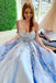 Elegant Backless Light Blue Lace Floral Long Prom Dresses, 3D Flowers Formal Evening Dresses