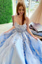 Elegant Light Blue Lace Appliques Long Prom Dresses, A Line Formal Evening Dresses UQP0171