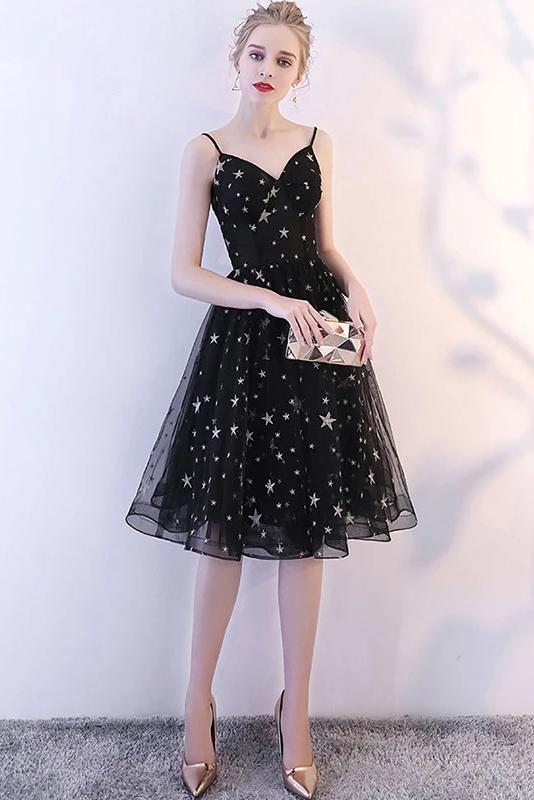 Black Spaghetti Straps V Neck Tulle Graduation Dress with Stars, Glitter Homecoming Dress UQ2147