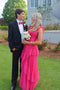 Modest Straps Pink Long Prom Dresses A-line Tulle Tiered Floor Length Formal Gown UQP0214