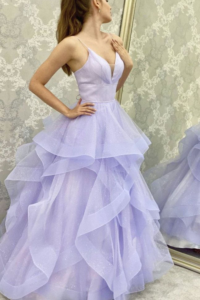 Fluffy V Neck Lilac Long Prom Dress, Spaghetti Straps Formal Evening Gown UQP0062