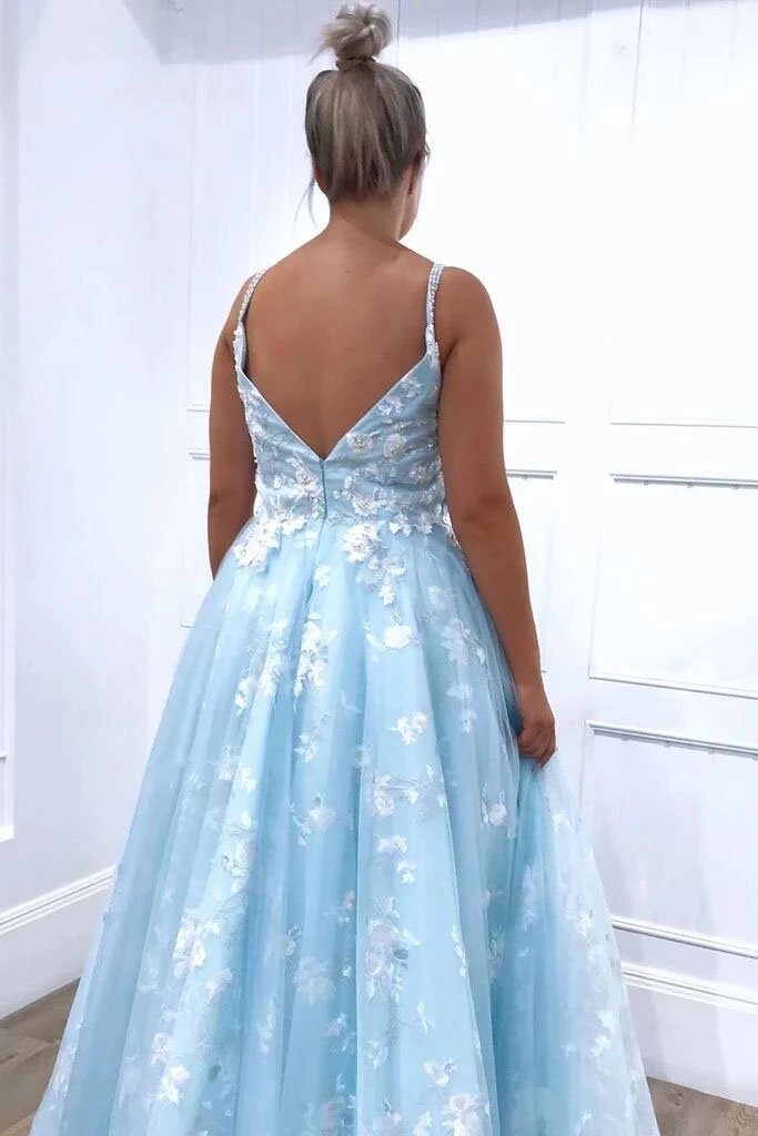 Spaghetti Straps Sleeveless Floor Length Prom Dress, Sky Blue Appliques Lace Prom Dresses UQ2473