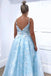 Spaghetti Straps Sleeveless Floor Length Prom Dress, Sky Blue Appliques Lace Prom Dresses UQ2473