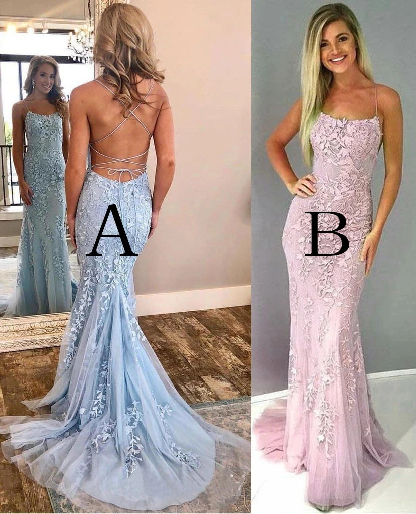 Hot Selling Blue Mermaid Spaghetti Strap Prom Dress with Lace Appliques UQP0002
