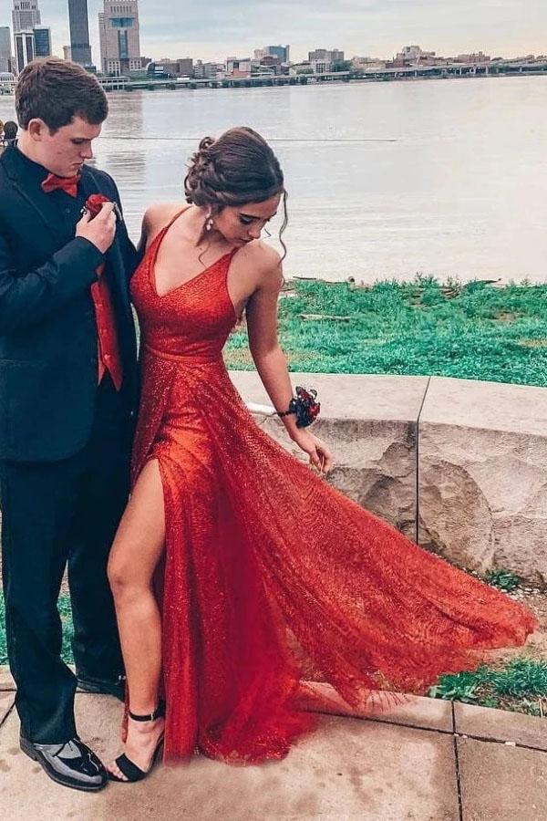 Glitter Red Long Spaghetti Straps V Neck Slit Prom Dresses, Sexy Floor Length Sequins Prom Gown N2405