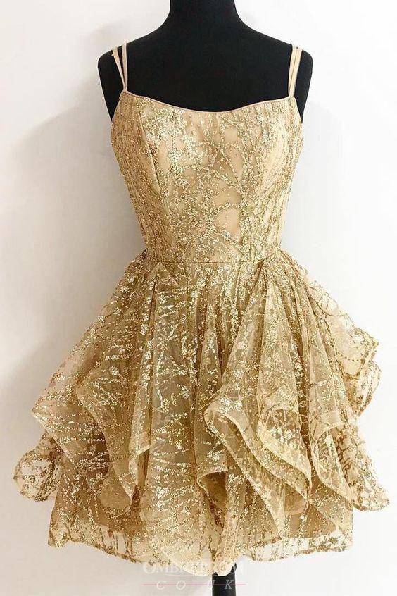 Gold Short homecoming Dresses Glitter Cocktail Party Dress, Mini Shiny Straps Dresses UQ2172