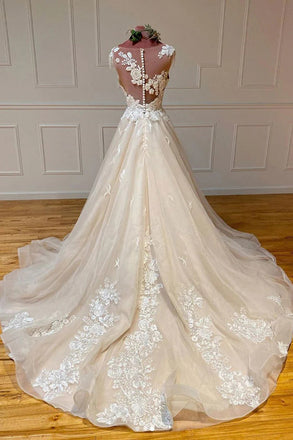 Gorgeous A Line Sleeveless Tulle Lace Applique Long Wedding Dresses, Bridal Gown UQW0083