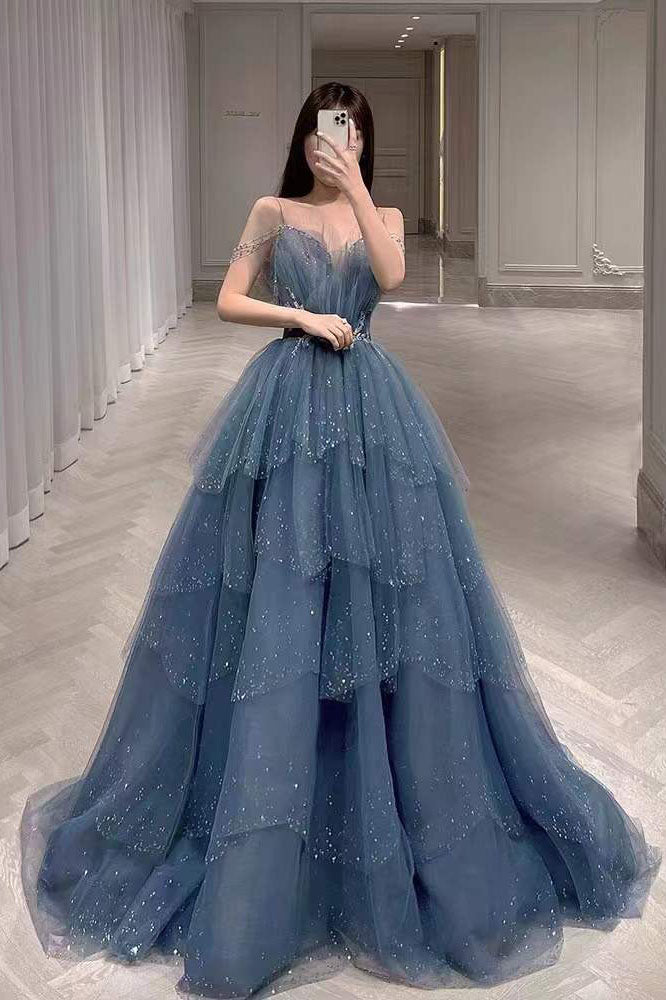 Gorgeous Blue Sparkly Tulle Beaded Prom Dress, Tiered Formal Gown with Uniquedresss Gorgeous Blue Sparkly Tulle Beaded Prom Dress, Tiered Formal Gown with Uniquedresss