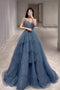 Gorgeous Blue Sparkly Tulle Beaded Prom Dress, Tiered Formal Gown with Rhinestone UQP0142