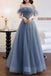 A Line Off the Shoulder Floor Length Tulle Prom Dress Formal Gown with Belt UQP0088