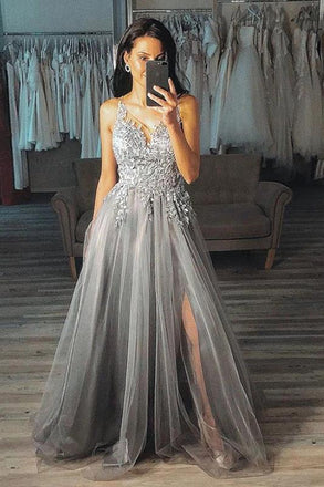 Grey A Line V Neck Long Appliques Tulle Prom Dress, Gray Split Long Evening Dress N2236