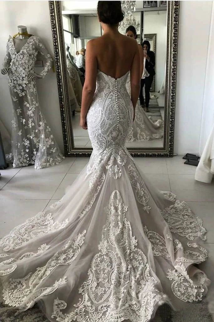 Sweetheart Mermaid Tulle Wedding Dress with Lace Appliques, Backless B Uniquedresss Sweetheart Mermaid Tulle Wedding Dress with Lace Appliques, Backless B Uniquedresss