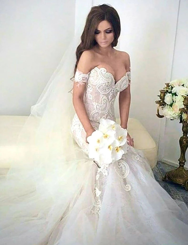 Charming Mermaid Style Off-the-Shoulder Sweep Train Lace Wedding Dress UQ2500