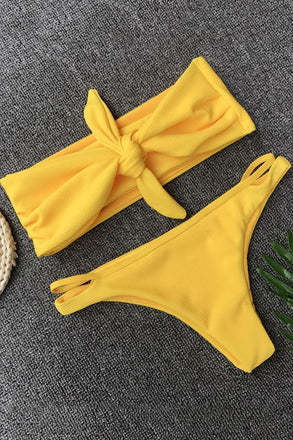 High Leg High Waisted Bandeau Yellow Two Piece Bikini Set SW909