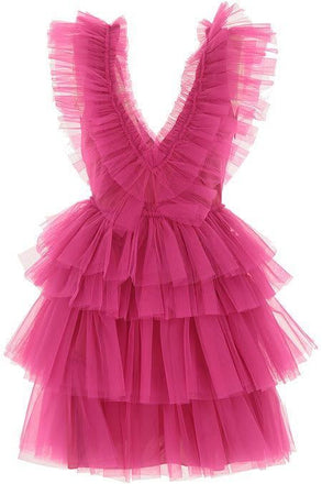 A Line Pink V Neck Tiered Homecoming Dress, Tulle Short Prom Party Dress UQH0096