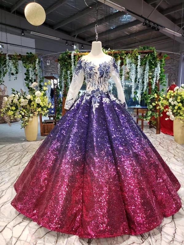 Ball Gown Long Sleeves Sequins Ombre Prom Dress, Puffy Quinceanera Dre Uniquedresss Ball Gown Long Sleeves Sequins Ombre Prom Dress, Puffy Quinceanera Dre Uniquedresss