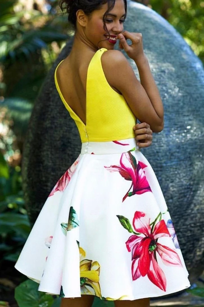 A Line Yellow Sleeveless V Neck Floral Print Homecoming Dresses, Cute Short Prom Dress UQH0002