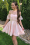 Light Pink Off the Shoulder Short Lace Homecoming Dress, A Line Cute Prom Gown UQH0105