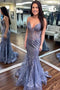 Spaghetti Straps Lace Appliques V Neck See Through Mermaid Long Prom Dresses UQP0152