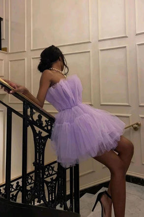 Lavender Strapless Tulle Short Homecoming Dress, Short Prom Gown UQH0113