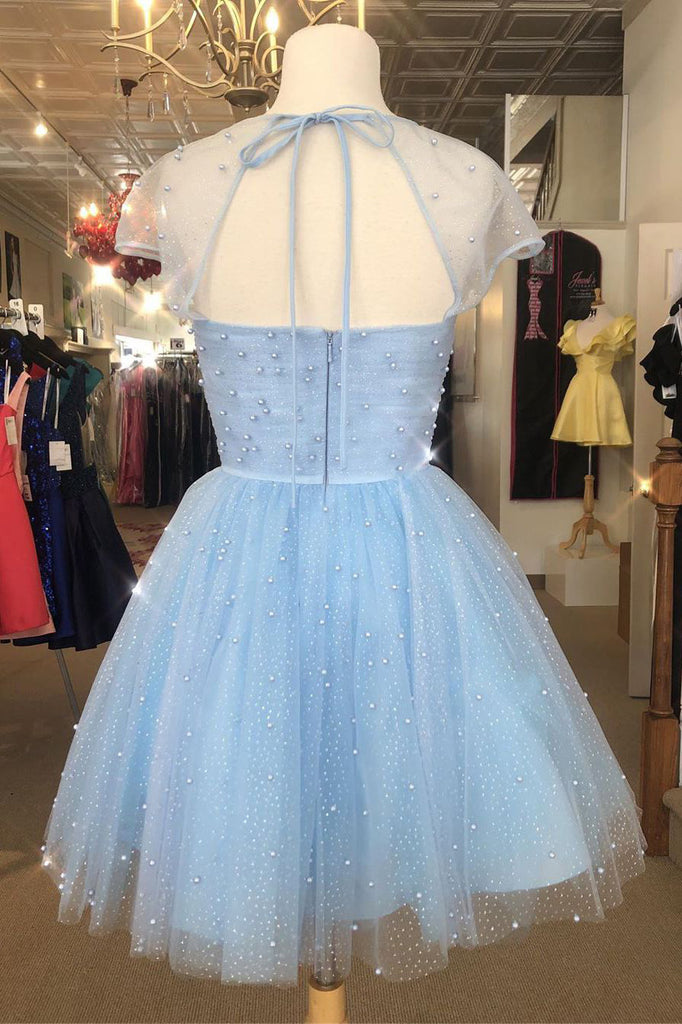 Light Blue Sparkly Short Sleeves Tulle Prom Dress Homecoming Gown with Pearls UQH0140