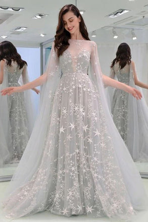 Light Gray Sheer Neck Tulle Long Prom Dress Classy Zipper Back Party Gown UQP0100