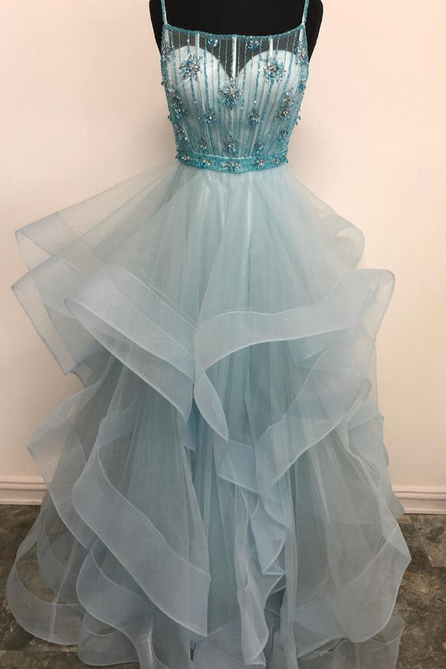 Light Green Spaghetti Straps Tulle Prom Dress with Beading
