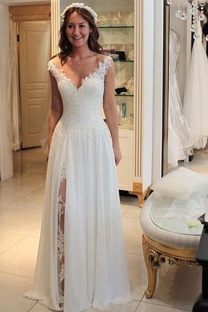 A Line Chiffon Beach Wedding Dress with Lace, Long Flowy Bridal Dress with Lace UQ1772