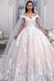 Light Pink Off the Shoulder Ball Gown Tulle Wedding Dress with Appliques, Bridal Dress UQ2378