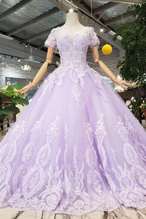 Lilac Ball Gown Short Sleeves Prom Dresses with Sheer Neck, Gorgeous Quinceanera Dress N1735