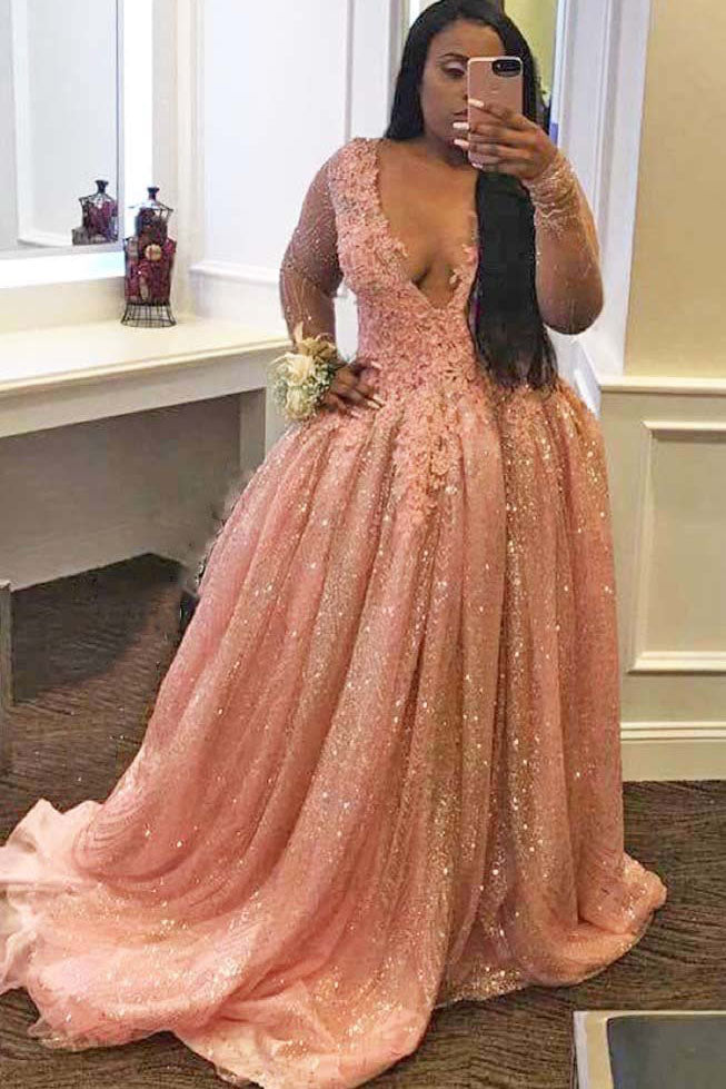 Sparkly Long Sleeves V Neck Plus Size Prom Dress With Appliques UQP0166