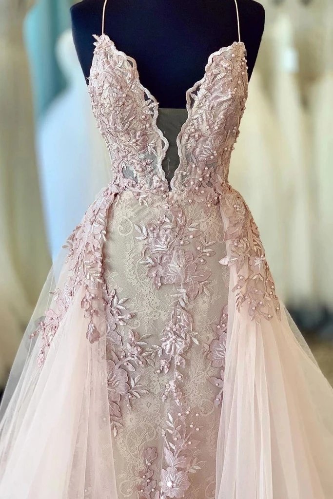 Spaghetti Straps Deep V Neck Tulle Prom Dress with Lace Appliques, Bridal Dresses UQ2535