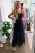 New Arrival A-line Tiered Tulle Black Prom Dress, Spaghetti Straps Long Evening Dress UQP0168