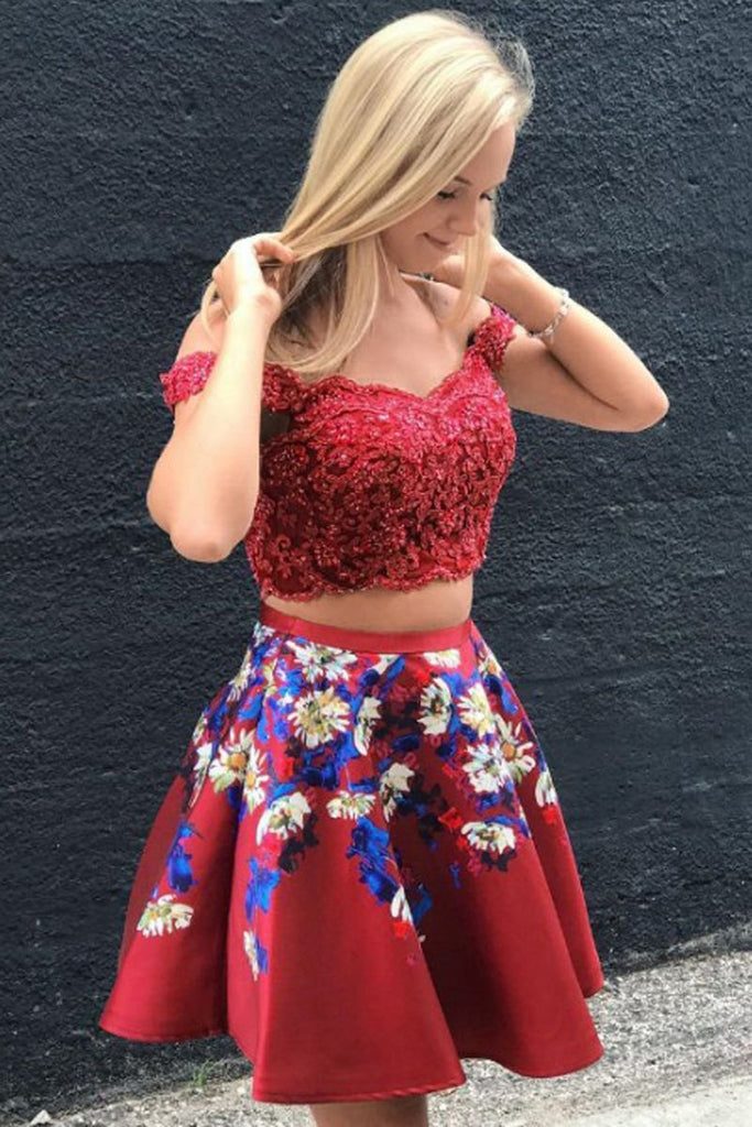 A Line Two Piece Red Off Shoulder Lace Applique Floral Short Homecoming Dresses N1821