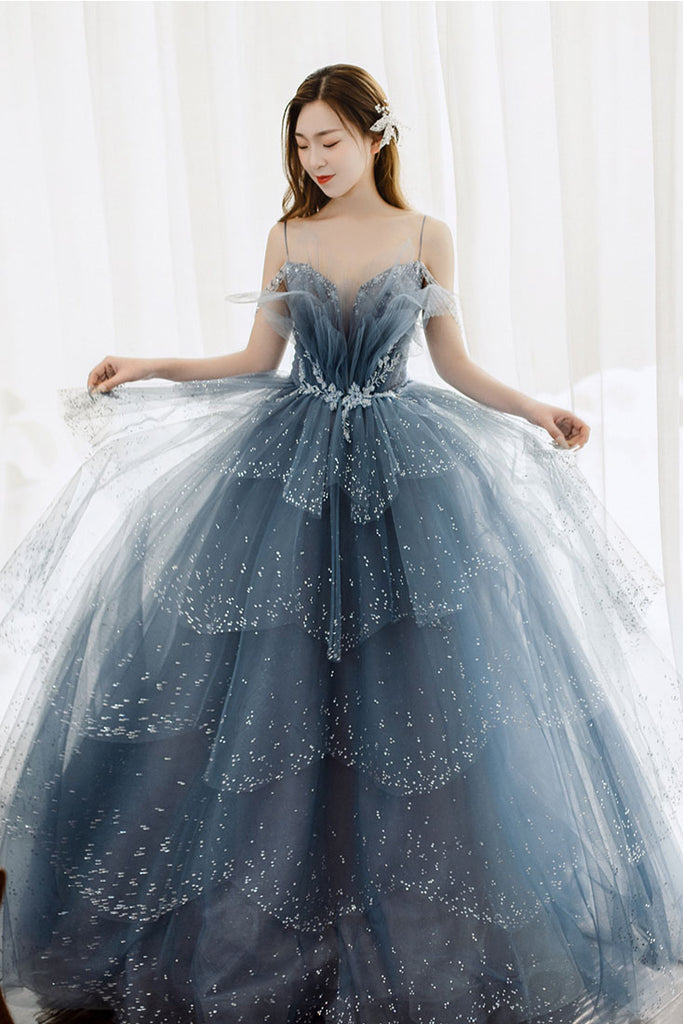 Blue Gorgeous Spaghetti Straps Tiered Tulle Prom Dress, Sparkly Dress ...