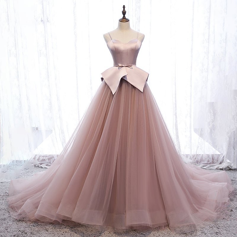Pink Spaghetti Straps Tulle Long Formal Prom Dress, Unique Long Wedding Dess UQP0053