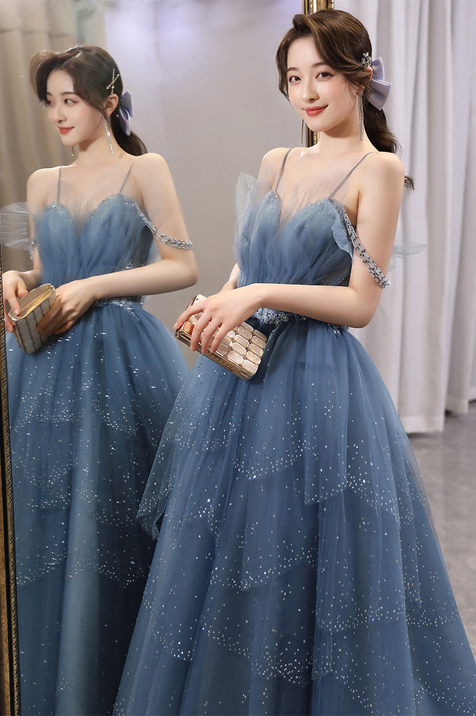 Blue Gorgeous Spaghetti Straps Tiered Tulle Prom Dress, Sparkly Dress with Beading UQP0182