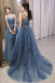 Blue Gorgeous Spaghetti Straps Tiered Tulle Prom Dress, Sparkly Dress with Beading UQP0182